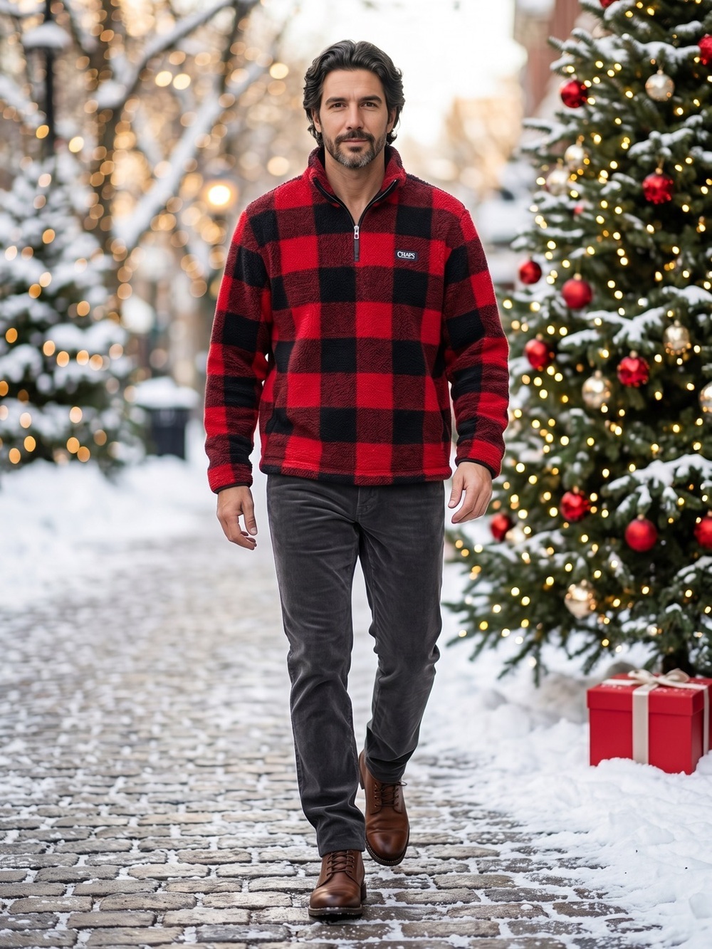 Chaps Mens M Quarter Zip Fleece Sherpa Pullover Shirt Red Black Buffalo Plaid